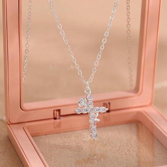 Women C Flower Cross, Silver 14K Gold Plated Crown Cross Necklace - Non-Tarnish - Picture 5 of 7